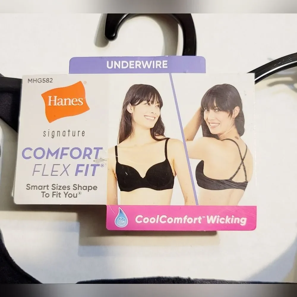 NWT Hanes Comfort Flex Fit Easy Underwire T-shirt Bra Black MHG582 Size L+